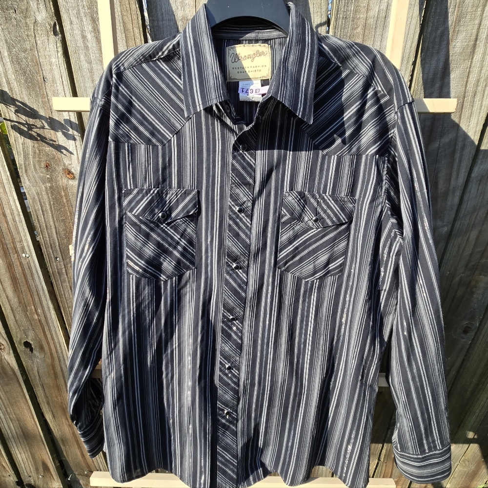 Wrangler Silver Edition Western Shirt Gray Metallic Pinstripe Pearl Snap X Large